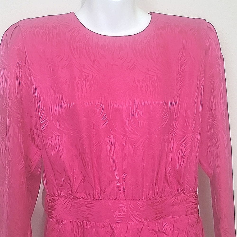 💖 Nora Noh 1980s Vintage Silk Midi Dress Bright Pink Moiré Size 8 Iconic Design - Picture 3 of 7